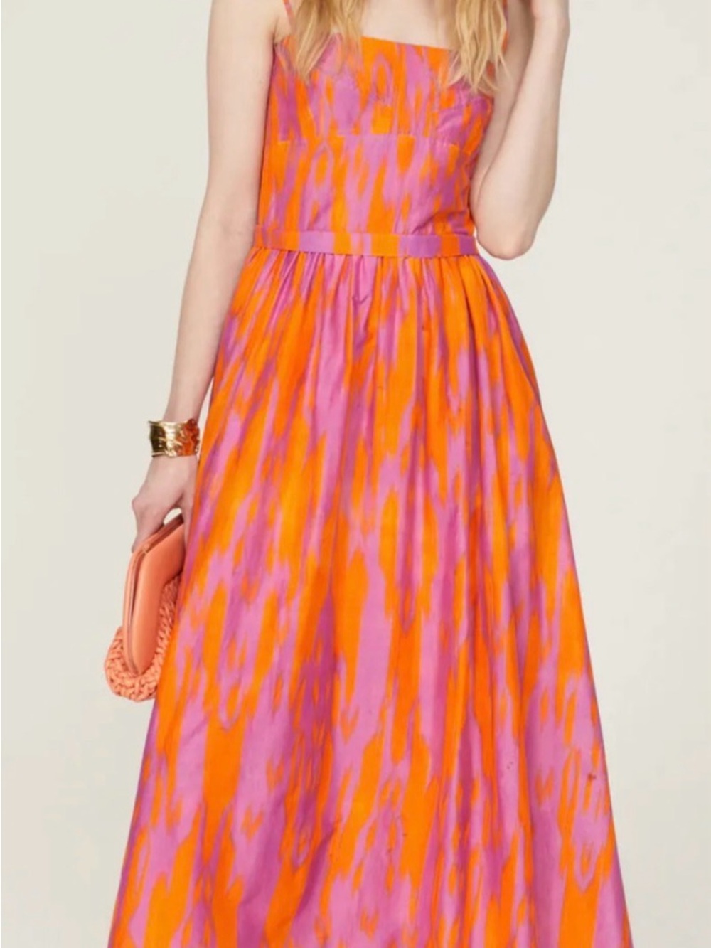 Maria Cher Vibrant Pink & Orange Maxi Dress with Square Bodice